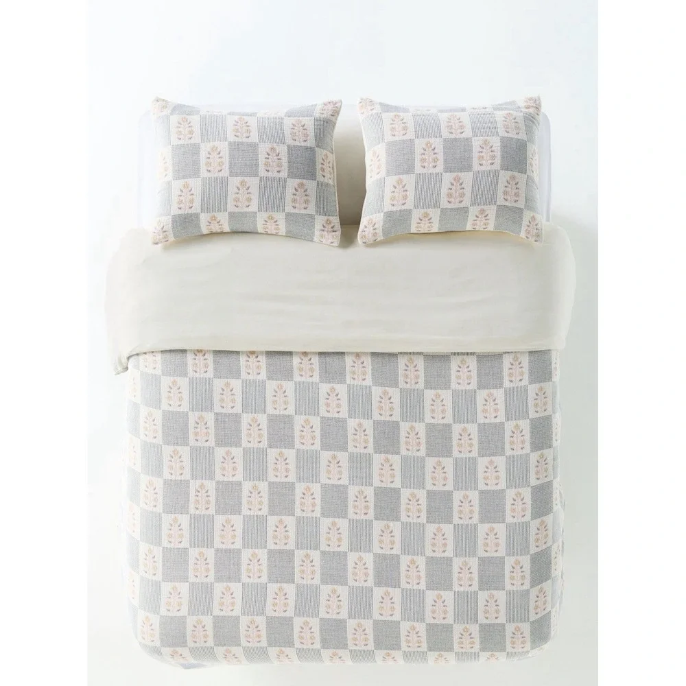 Anthropologie Pillow Shams Standard Size Floral Check Vintage Inspired Blue‎